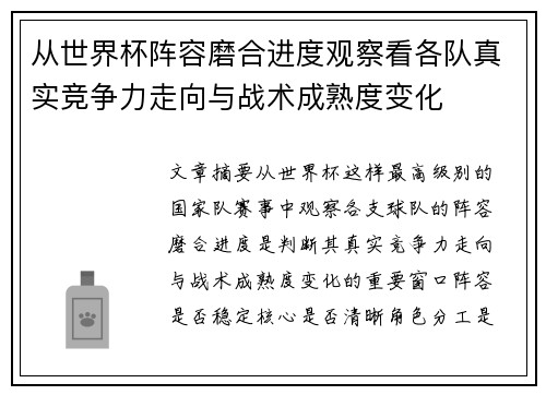 从世界杯阵容磨合进度观察看各队真实竞争力走向与战术成熟度变化